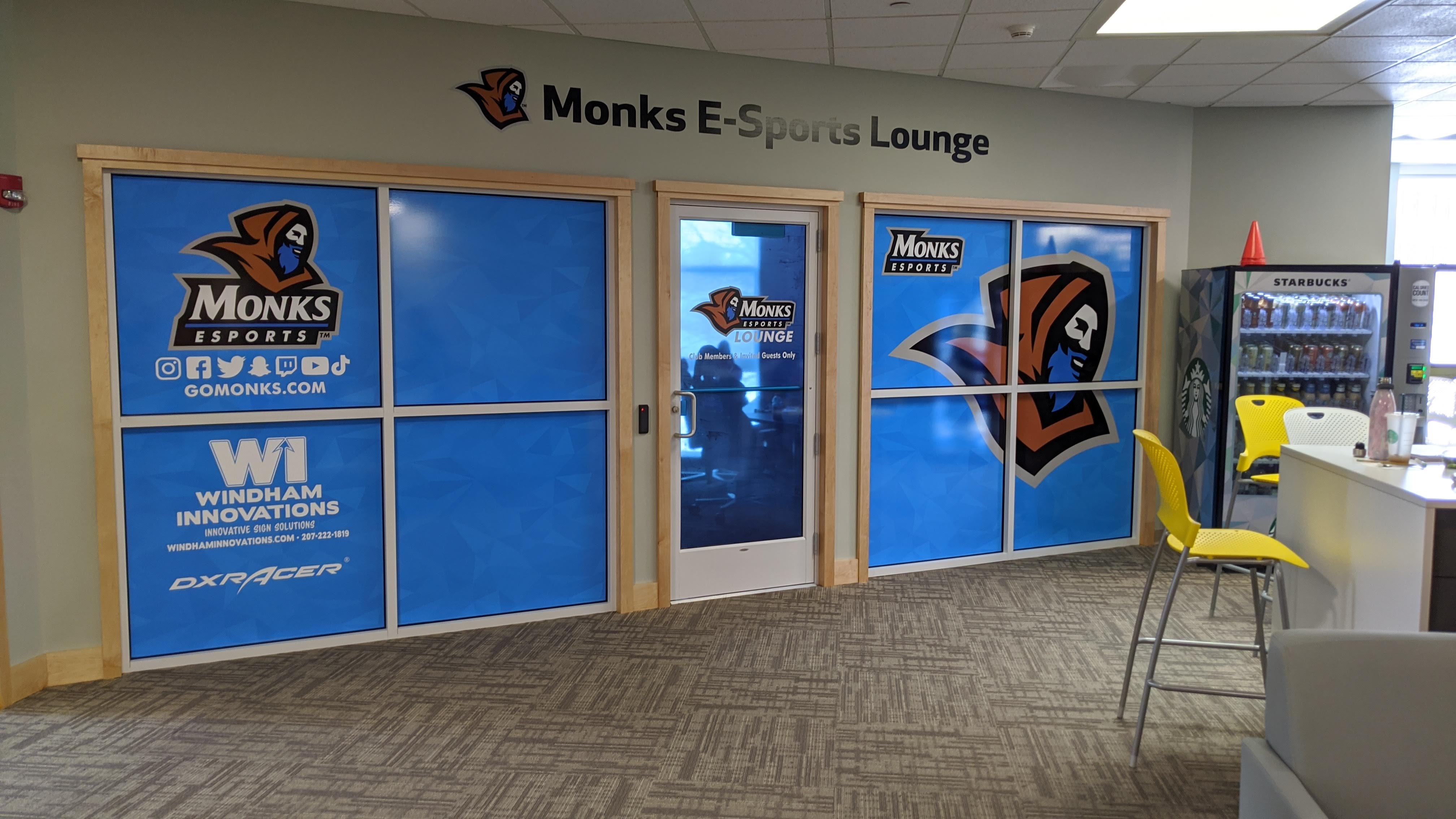 Monks Esports Lounge windows and wall
